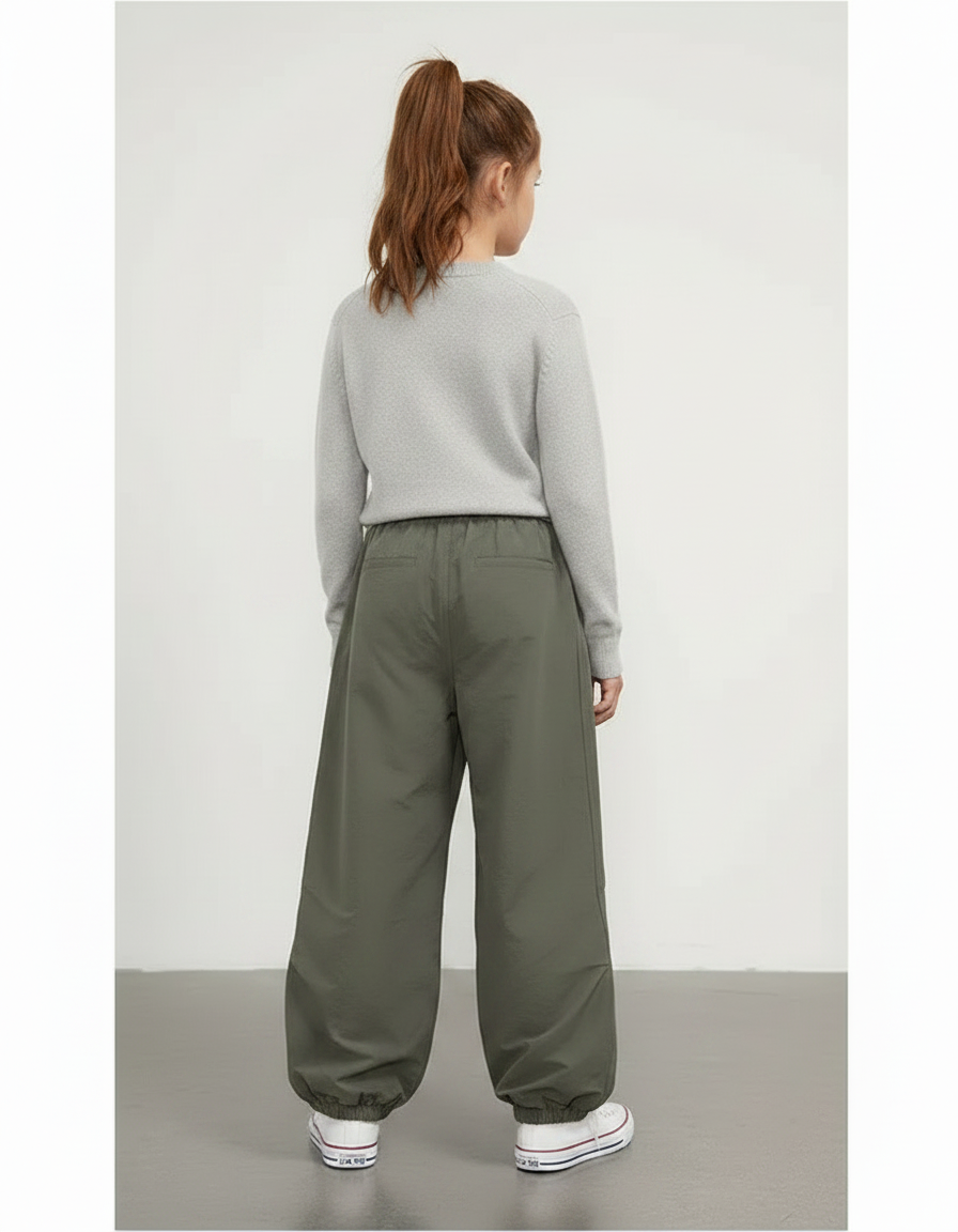 Pantalon Parachute Vert Ample Fluide Décontracté Adolescent - Kaki Polyester - vue 2