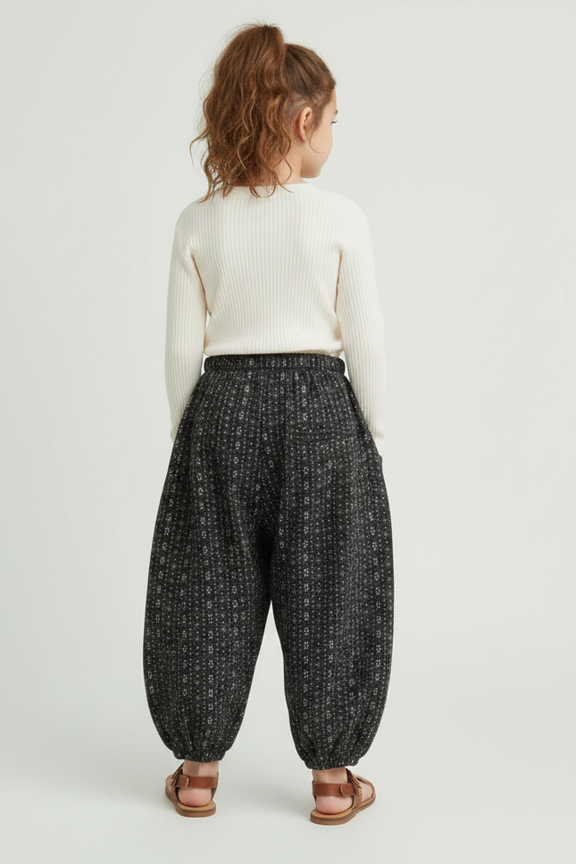 Pantalon Parachute Noir Ample Imprimé Floral Enfant - Laine - vue 2