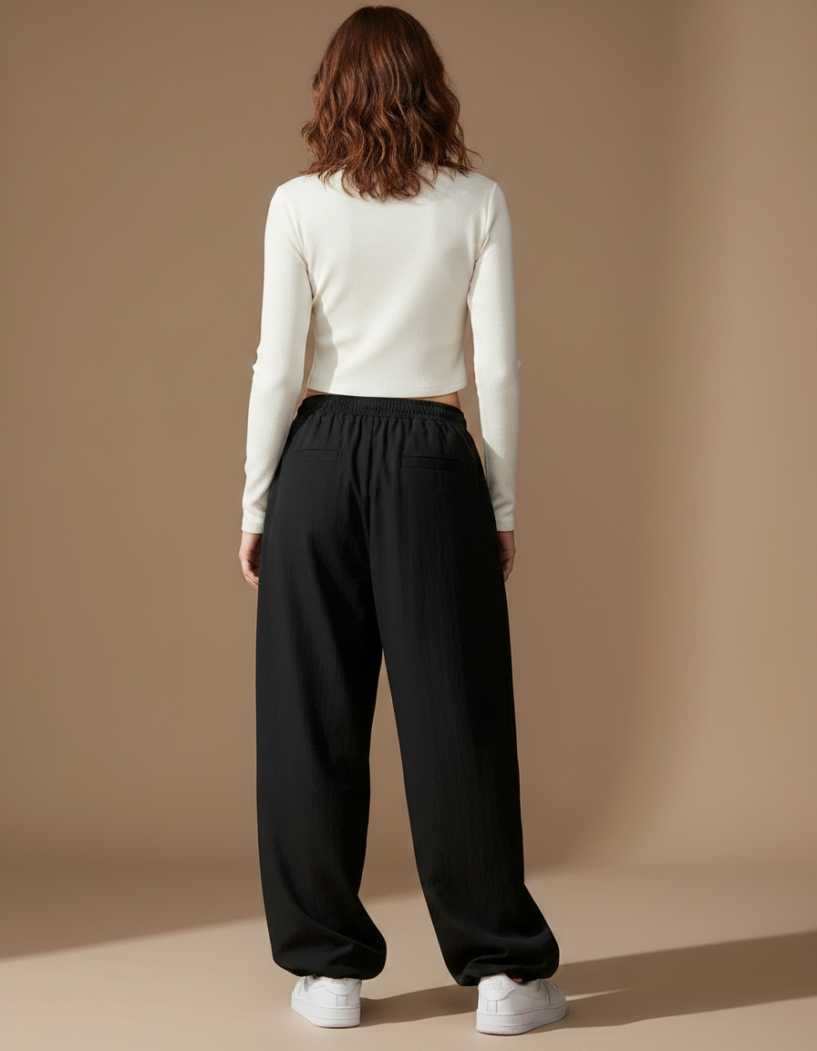 Pantalon Parachute Noir Ample Imprimé Sirène Cordon Femme - Polyester - vue 2