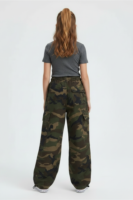 Pantalon Parachute Camouflage Ample Kaki Vert Enfant - Toile - vue 2