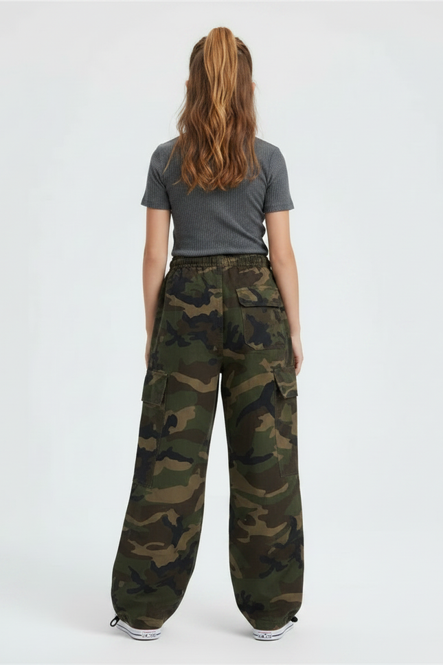 Pantalon Parachute Camouflage Ample Kaki Vert Enfant - Toile - vue 2