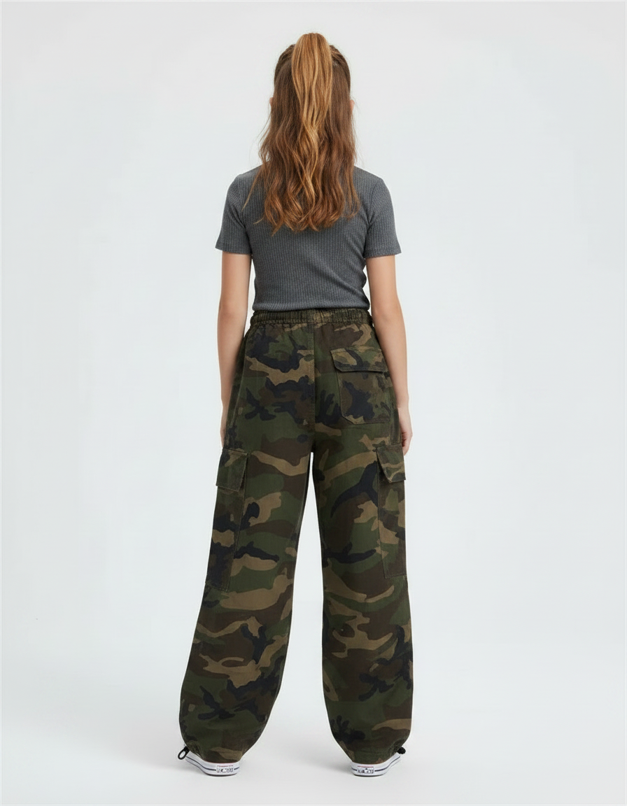 Pantalon Parachute Camouflage Ample Kaki Vert Enfant - Toile - vue 2