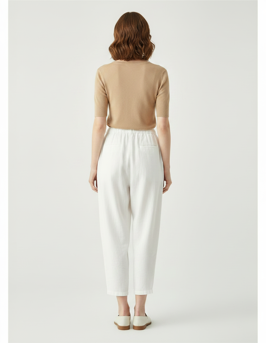 Pantalon Parachute Blanc Lin Ample Décontracté Cordon - vue 2