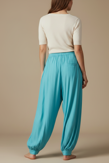 Pantalon Parachute Fluide Ample Cordon Cheville Turquoise - Bleu Viscose - vue 2