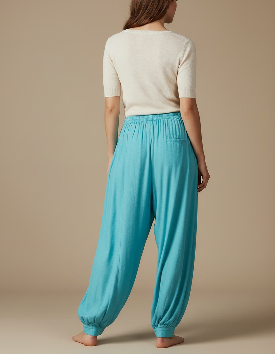 Pantalon Parachute Fluide Ample Cordon Cheville Turquoise - Bleu Viscose - vue 2