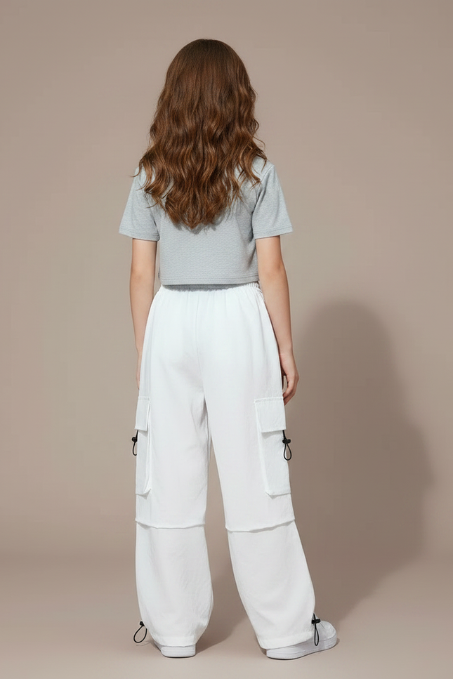Pantalon Parachute Blanc Cargo Ample Fille - Polyester - vue 2
