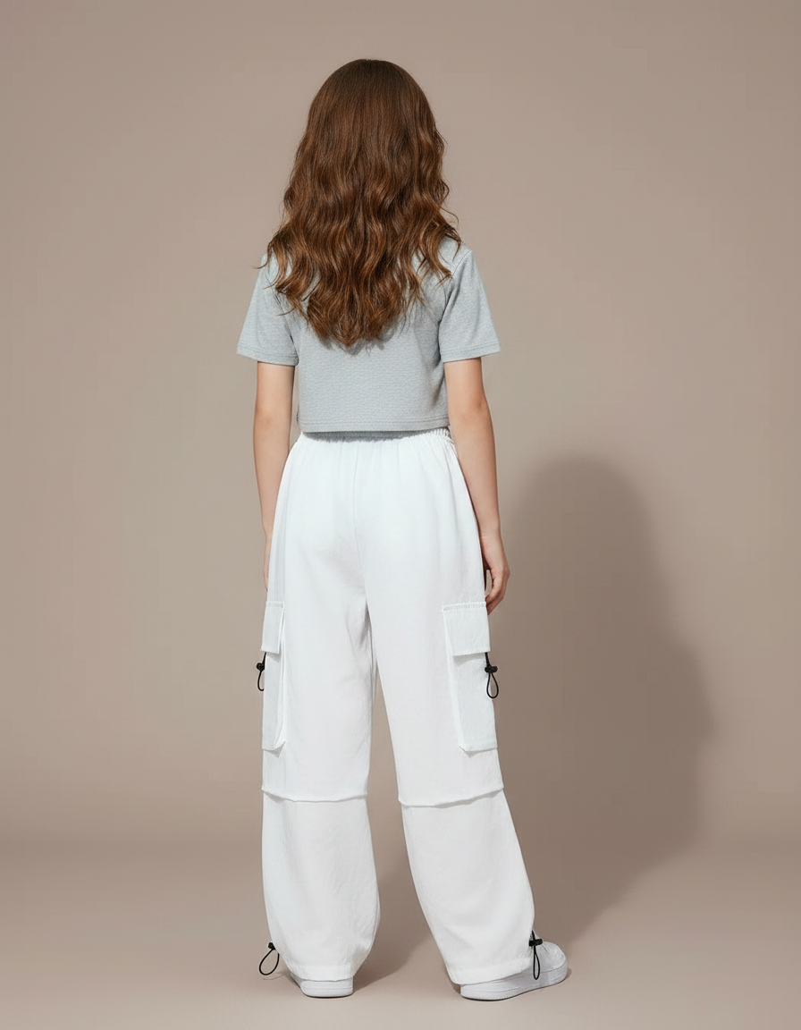 Pantalon Parachute Blanc Cargo Ample Fille - Polyester - vue 2