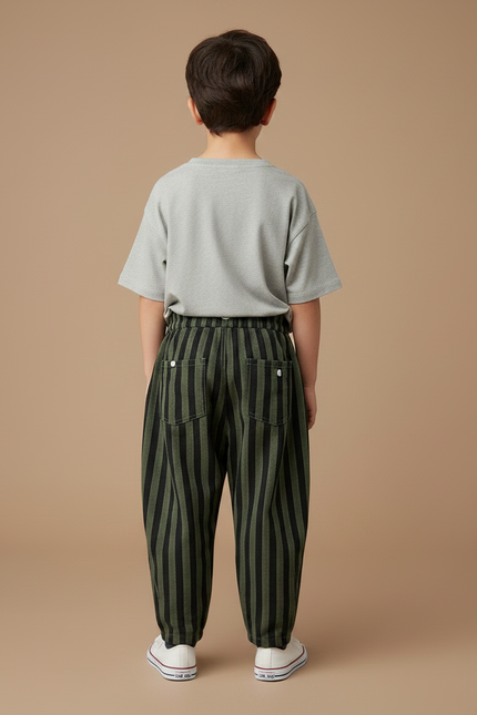 Pantalon Parachute Vert Rayé Ample Enfant Décontracté - Kaki Toile - vue 2