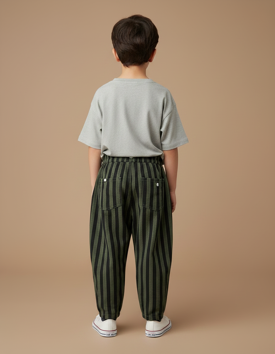 Pantalon Parachute Vert Rayé Ample Enfant Décontracté - Kaki Toile - vue 2
