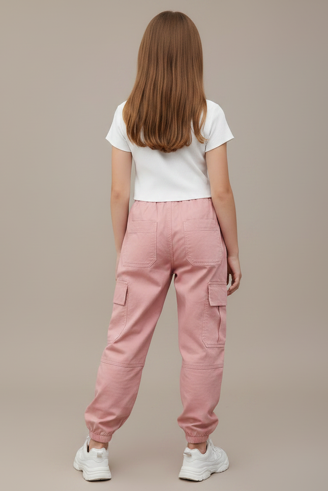 Pantalon Parachute Rose Cargo Ample Coton Enfant Décontracté - vue 2