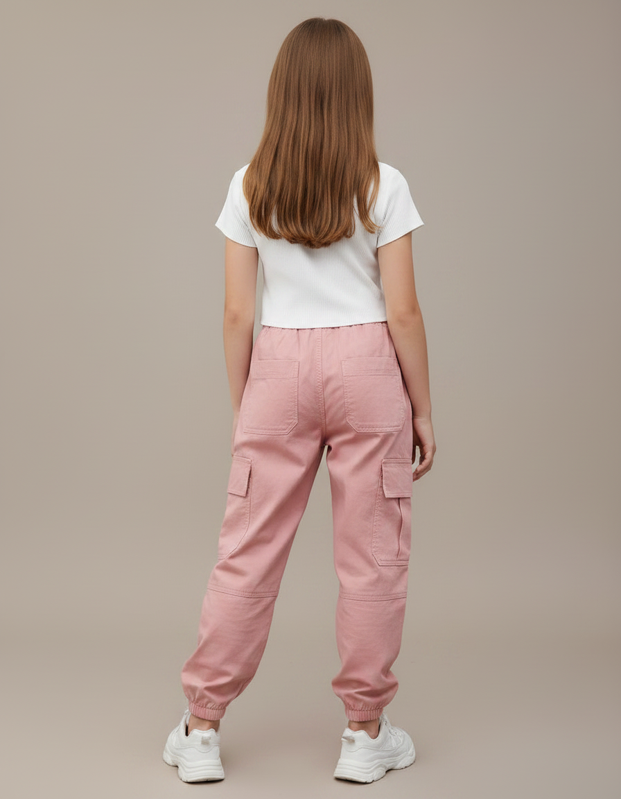 Pantalon Parachute Rose Cargo Ample Coton Enfant Décontracté - vue 2