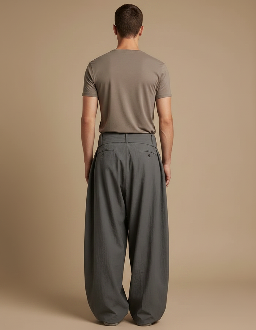 Pantalon Parachute Gris Ample Coton Cordon Décontracté - vue 2