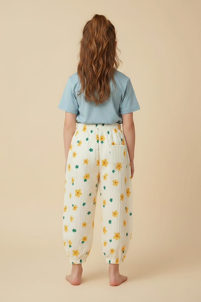 Pantalon Parachute Crème Fleuri Léger Ample Enfant - Beige Coton - vue 2