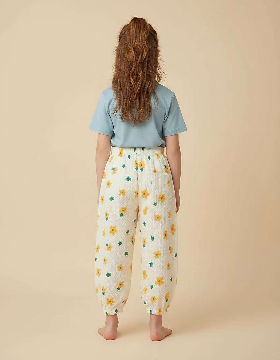 Pantalon Parachute Crème Fleuri Léger Ample Enfant - Beige Coton - vue 2