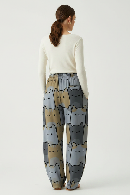 Pantalon Parachute Chats Imprimés Ample Décontracté Fluide - Multicolore Polyester - vue 2