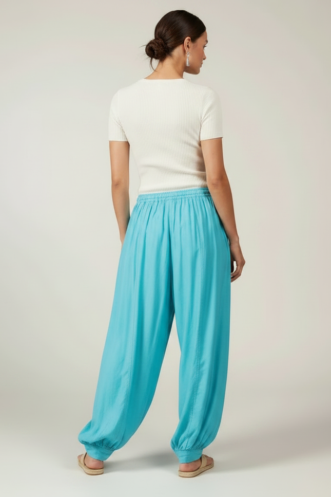 Pantalon Parachute Turquoise Fluide Ample Cordon Plissé - Bleu Viscose - vue 2