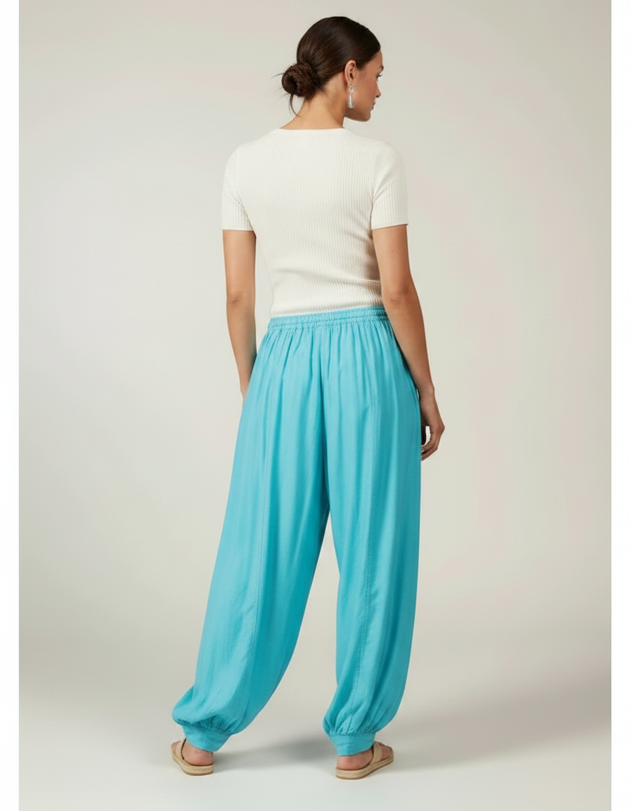 Pantalon Parachute Turquoise Fluide Ample Cordon Plissé - Bleu Viscose - vue 2