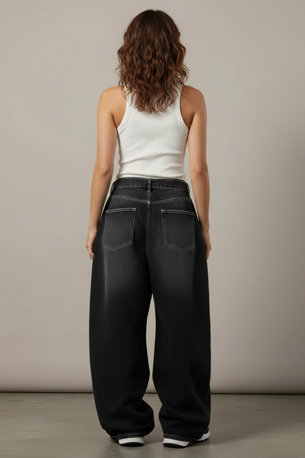 Pantalon Parachute Gris Délavé Ample Denim Femme Streetwear - Jean - vue 2