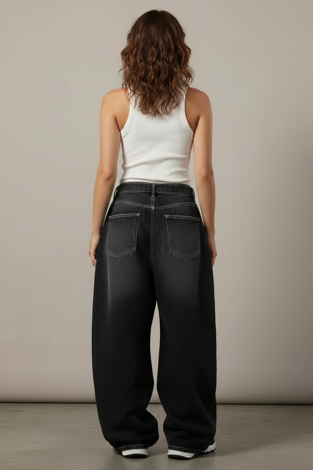 Pantalon Parachute Gris Délavé Ample Denim Femme Streetwear - Jean - vue 2