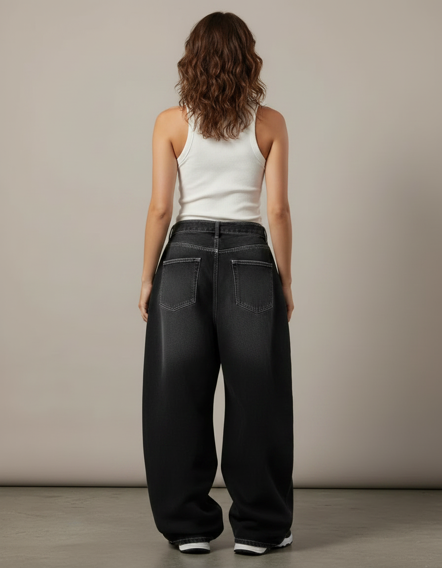 Pantalon Parachute Gris Délavé Ample Denim Femme Streetwear - Jean - vue 2
