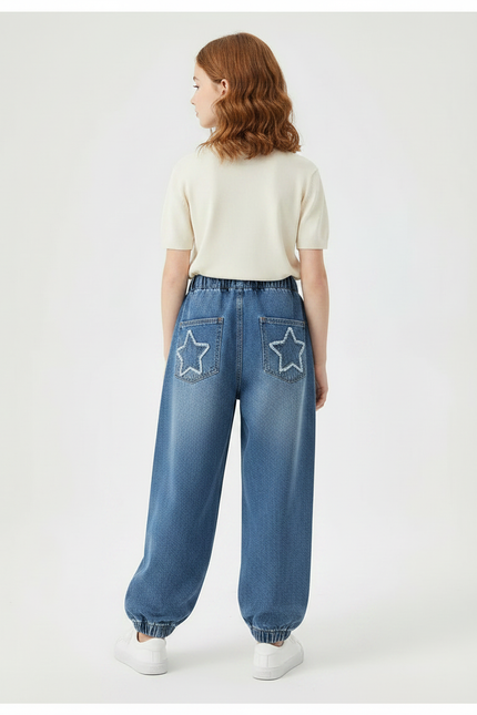 Pantalon Parachute Denim Étoiles Ample Enfant Décontracté - Bleu Jean - vue 2