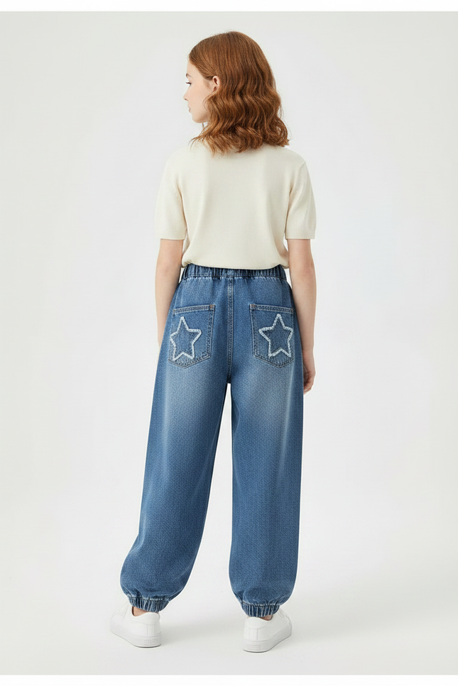 Pantalon Parachute Denim Étoiles Ample Enfant Décontracté - Bleu Jean - vue 2