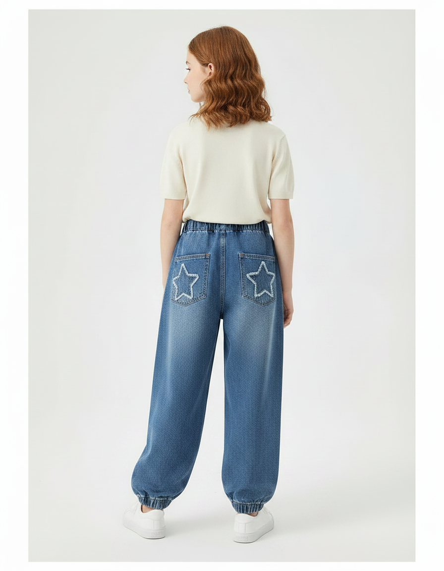 Pantalon Parachute Denim Étoiles Ample Enfant Décontracté - Bleu Jean - vue 2