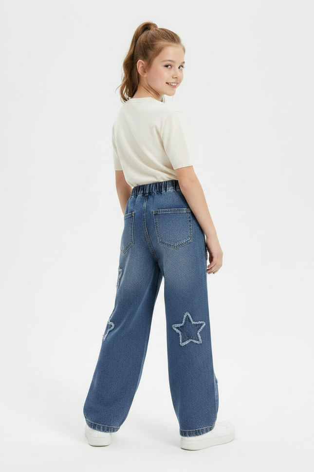 Pantalon Parachute Denim Étoiles Ample Fille Décontracté - Bleu Jean - vue 2