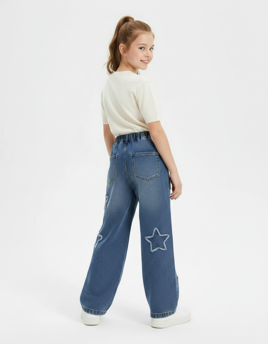 Pantalon Parachute Denim Étoiles Ample Fille Décontracté - Bleu Jean - vue 2