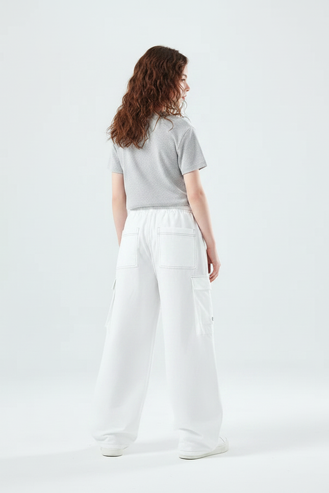 Pantalon Parachute Blanc Ample Cargo Fille Décontracté - Molleton - vue 2