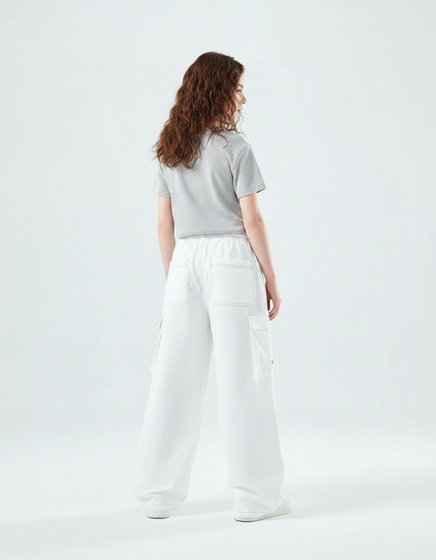 Pantalon Parachute Blanc Ample Cargo Fille Décontracté - Molleton - vue 2