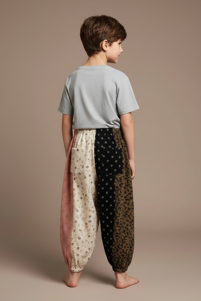 Pantalon Parachute Patchwork Côtelé Imprimé Ample Enfant - Multicolore Cordé - vue 2