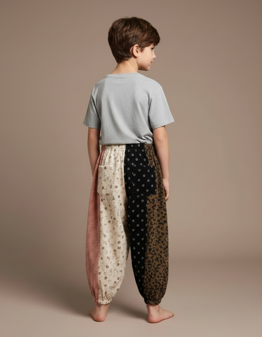 Pantalon Parachute Patchwork Côtelé Imprimé Ample Enfant - Multicolore Cordé - vue 2