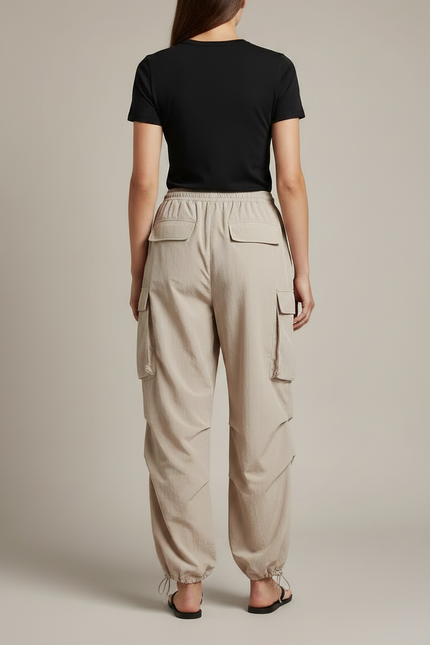 Pantalon Parachute Beige Ample Cargo Taille Haute Femme - Polyester - vue 2