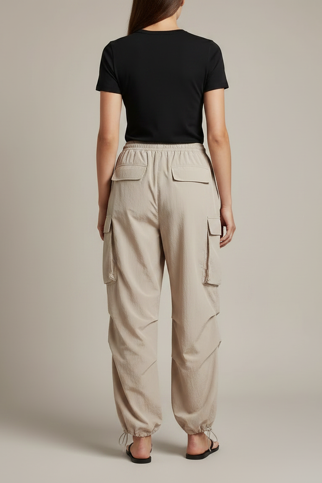 Pantalon Parachute Beige Ample Cargo Taille Haute Femme - Polyester - vue 2