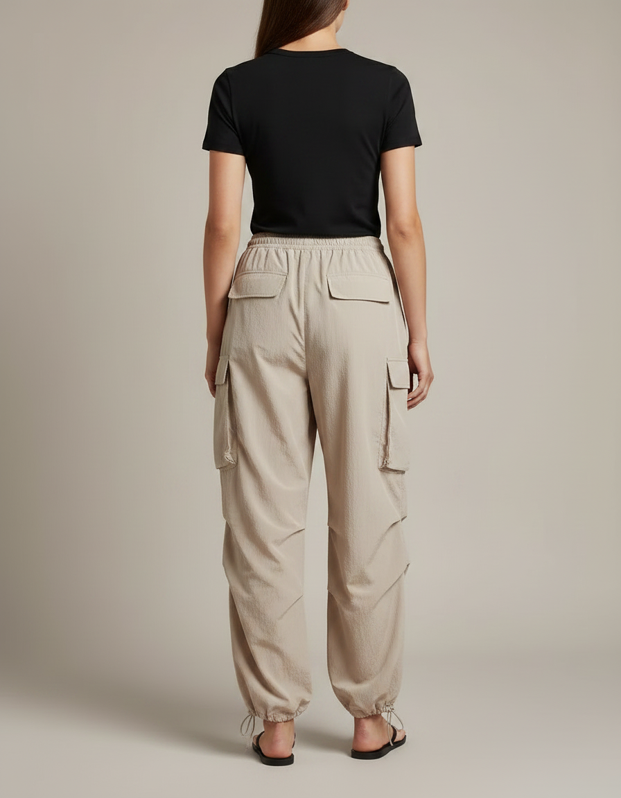 Pantalon Parachute Beige Ample Cargo Taille Haute Femme - Polyester - vue 2