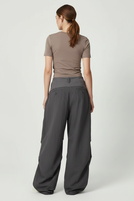 Pantalon Parachute Gris Ample Décontracté Plissé Taille Basse - Polyester - vue 2