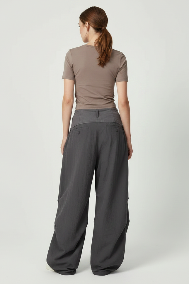 Pantalon Parachute Gris Ample Décontracté Plissé Taille Basse - Polyester - vue 2