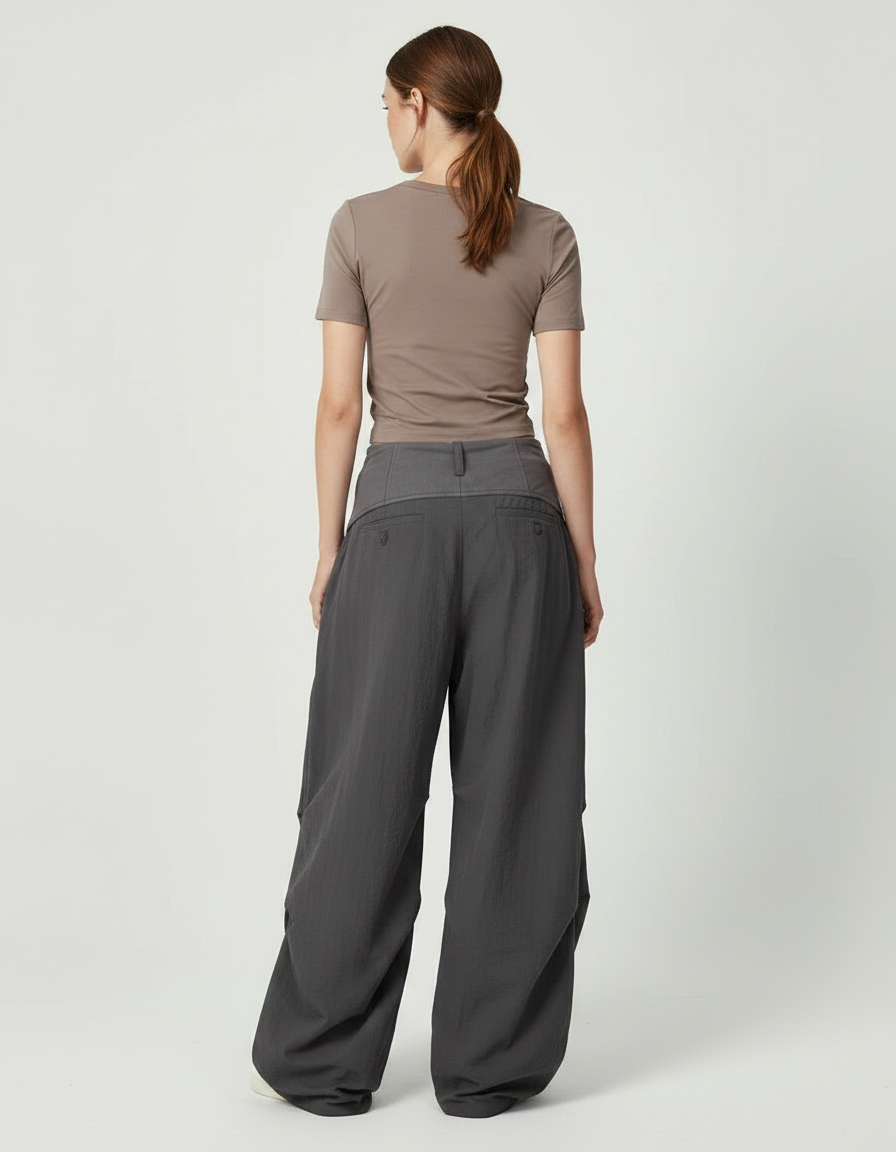 Pantalon Parachute Gris Ample Décontracté Plissé Taille Basse - Polyester - vue 2