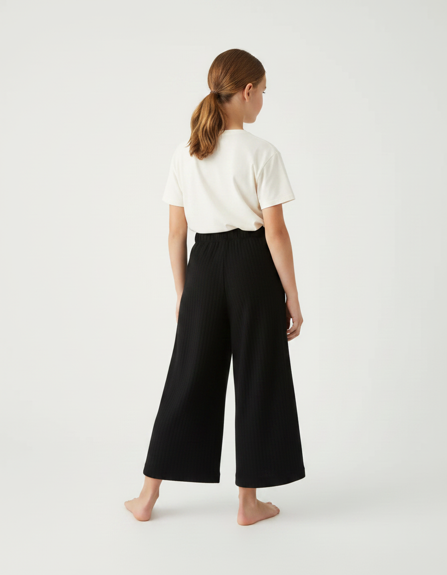 Pantalon Parachute Noir Ample Côtelé Fille Décontracté - Cordé - vue 2