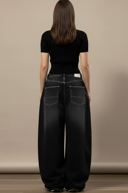 Pantalon Parachute Délavé Noir Ample Denim Femme Y2K - Jean - vue 2