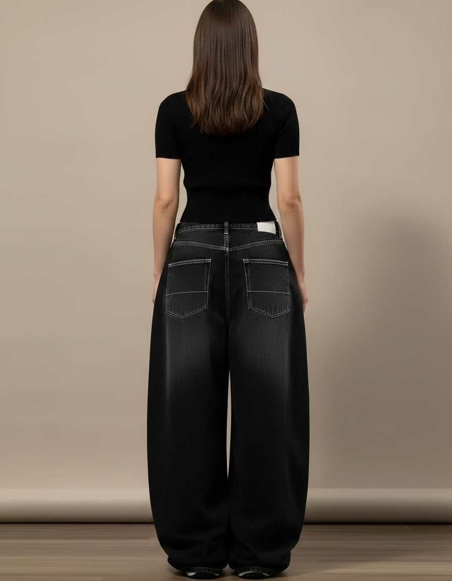 Pantalon Parachute Délavé Noir Ample Denim Femme Y2K - Jean - vue 2