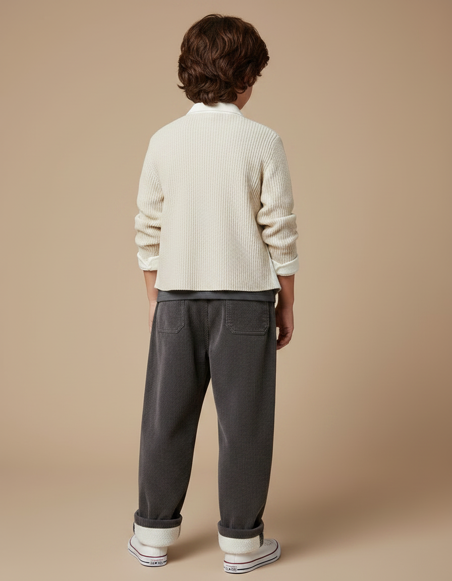 Pantalon Parachute Côtelé Gris Ample Décontracté Enfant - Cordé - vue 2