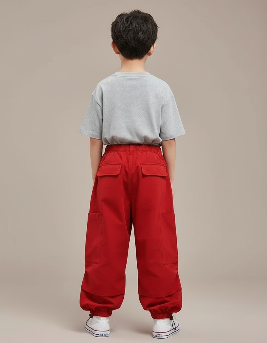 Pantalon Parachute Rouge Cargo Ample Enfants Garçon Fille - Polyester - vue 2