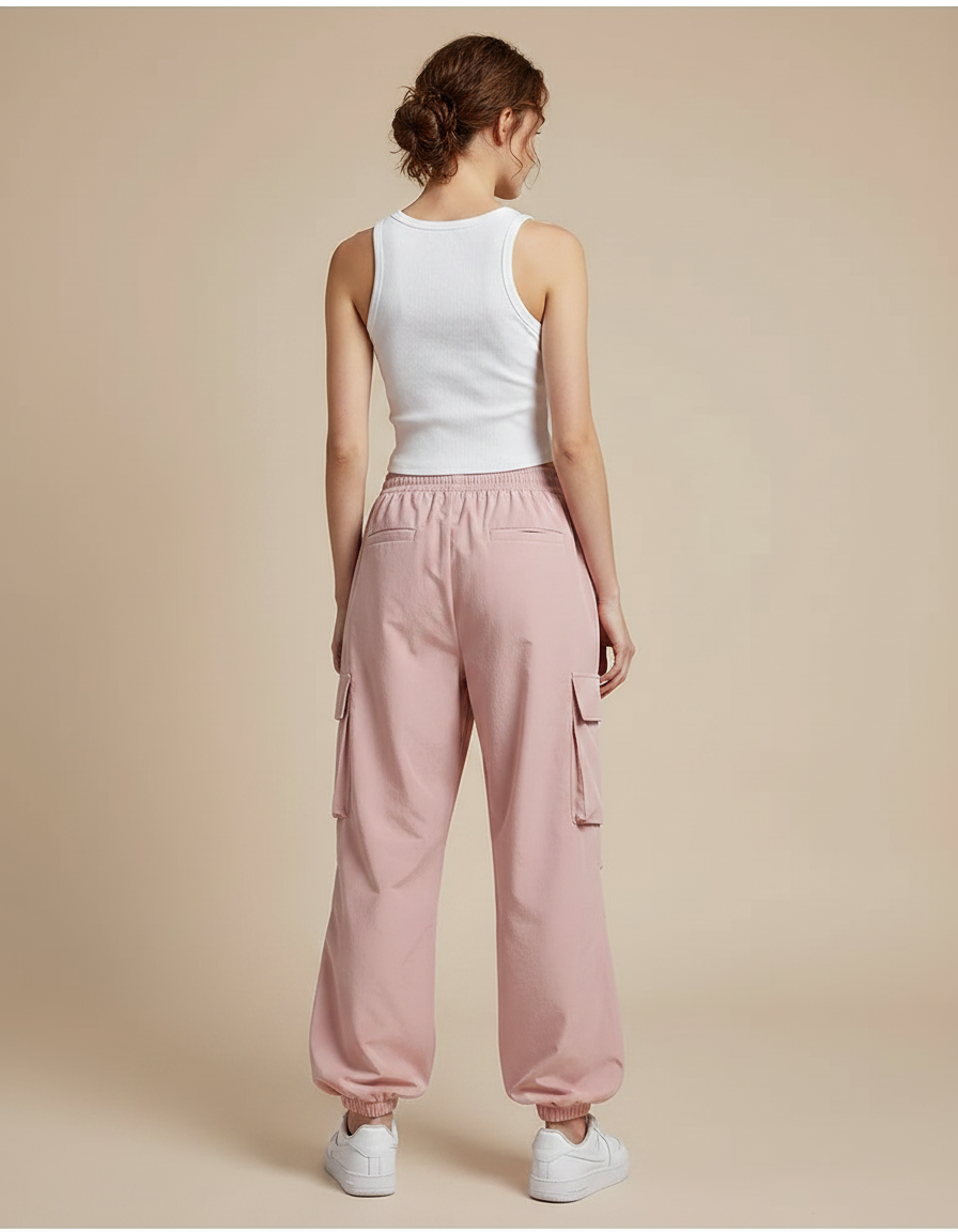 Pantalon Parachute Rose Cargo Ample Nylon Femme - Polyester - vue 2