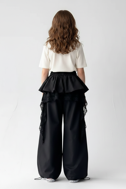 Pantalon Parachute Noir Ample Dentelle Fille Urbain - Gabardine - vue 2