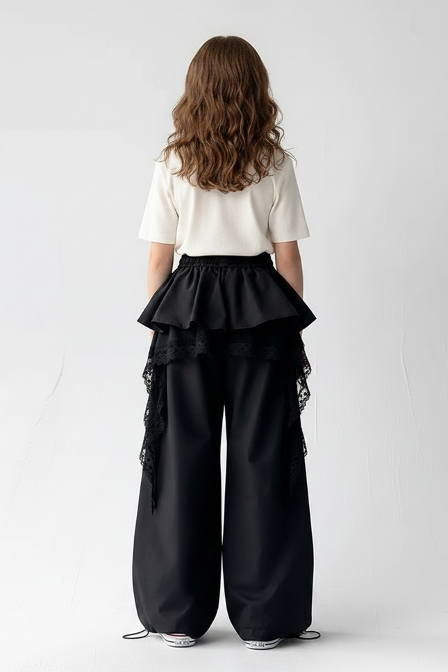 Pantalon Parachute Noir Ample Dentelle Fille Urbain - Gabardine - vue 2