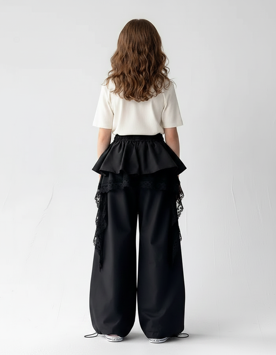 Pantalon Parachute Noir Ample Dentelle Fille Urbain - Gabardine - vue 2