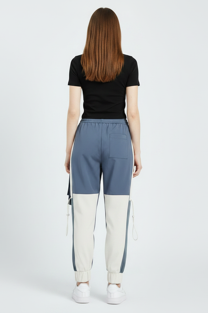 Pantalon Parachute Bicolore Cargo Ample Streetwear Femme - Bleu Polyester - vue 2
