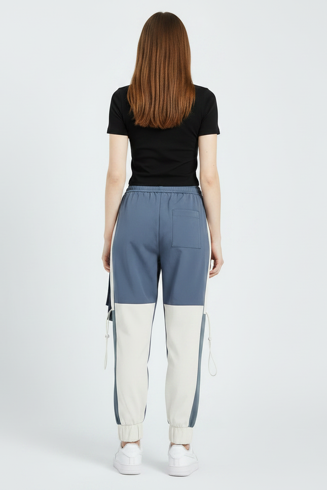 Pantalon Parachute Bicolore Cargo Ample Streetwear Femme - Bleu Polyester - vue 2